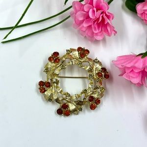 Amber Crystal Wreath Vintage Brooch 2.25 Inches Long